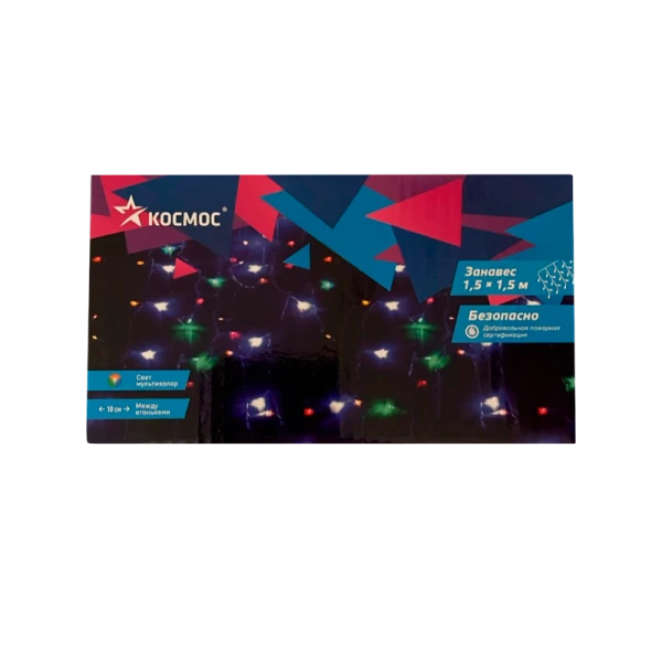 Гирлянда Космос "Дождь" 144LED 1.5х1.5м 8 режимов прозрачный провод мульти (1/48)