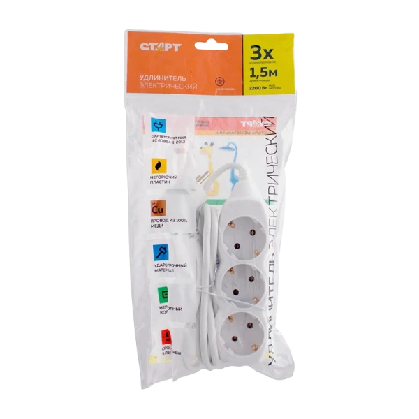 Удлинитель Старт S 3р.С/З 10A 1.5м 2x0.75мм² IP20 белый (1/20)