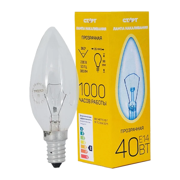 Лампа накаливания Старт E14 40W 230V свеча ДС прозрачная (1/10/100)
