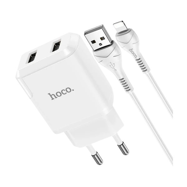 Сетевое З/У HOCO N7 2USB 2.1A с кабелем Lightning белый (1/12/120)