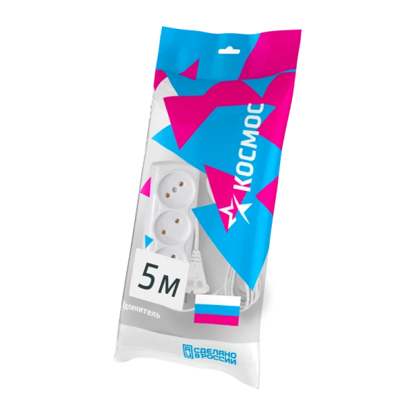 *Удлинитель Космос 3р.Б/З 6A 5.0м ШВВП 2x0.75мм белый (1/50) 