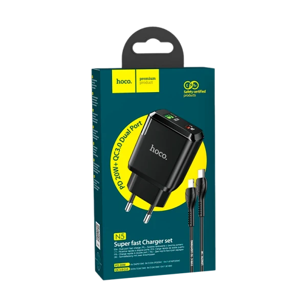 Сетевое З/У HOCO N5 1USB/Type-C 3.0A 20W PD3.0 черный (1/12/120)