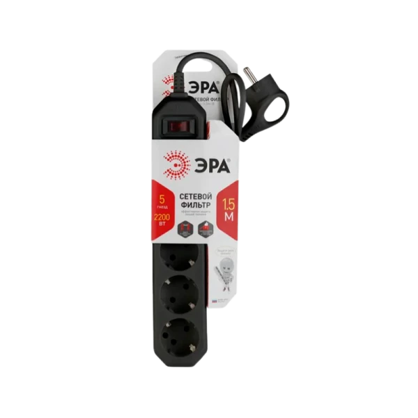 Сетевой фильтр ЭРА USF 5р.С/З 10A со шторкой 1.5м черный (1/20)