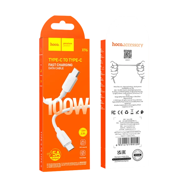 Кабель HOCO X96 Type-C (m)-Type-C (m) 1.0м 3.0A 100W ПВХ белый (1/31/310)
