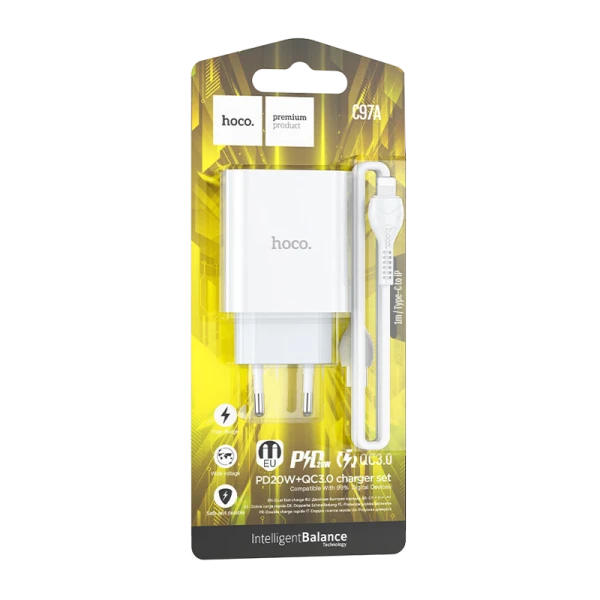 Сетевое З/У HOCO C97A 1USB/Type-C 20W QC3.0 с кабелем Type-C-Lightning белый (1/28/168)