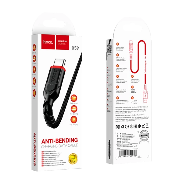 Кабель HOCO X59 USB (m)-Type-C (m) 1.0м 3.0A нейлон черный (1/33/330)