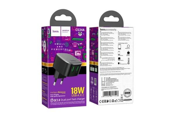Сетевое З/У HOCO CS34A 2USB 3.0A 18W QC3.0 черный (1/12/120)