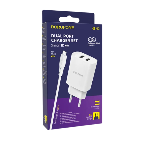 Сетевое З/У Borofone BN2 2USB 2.1A с кабелем microUSB белый (1/35/140)