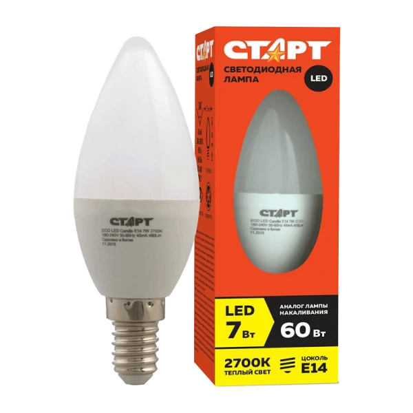 Лампа светодиодная Старт B35 E14 7W 2700К 220V свеча Eco матовая (1/10/100)