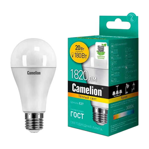 Лампа светодиодная Camelion A65 E27 20W 3000К 172-265V груша