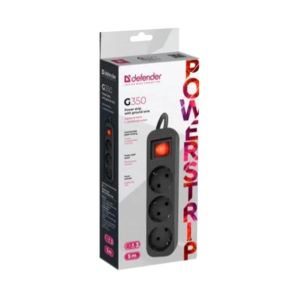 Удлинитель Defender G350 3р.С/З 10A 5.0м с выкл. черный (1/35)