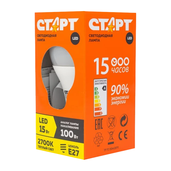 Лампа светодиодная Старт GLS E27 15W 3000К 220V груша Eco матовая (1/10/100)