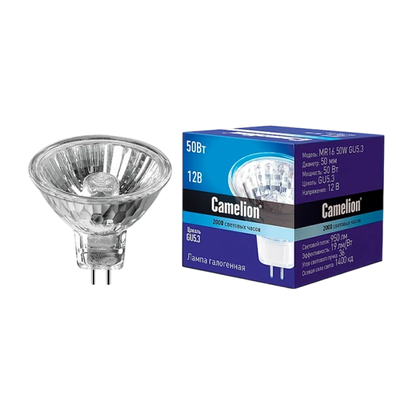 Лампа галогенная Camelion MR16 GU5.3 50W 2800К 12V софит 50мм прозрачная (1/10/200)