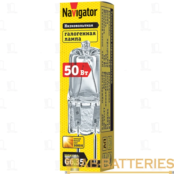 Лампа галогенная Navigator JCD G6.35 50W 3000К 230V капсула прозрачная (1/10/1000)