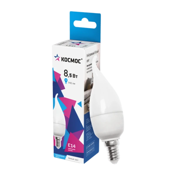 *Лампа светодиодная Космос CW E14 8.5W 4500К 220V свеча на ветру матовая (1/10/80) 