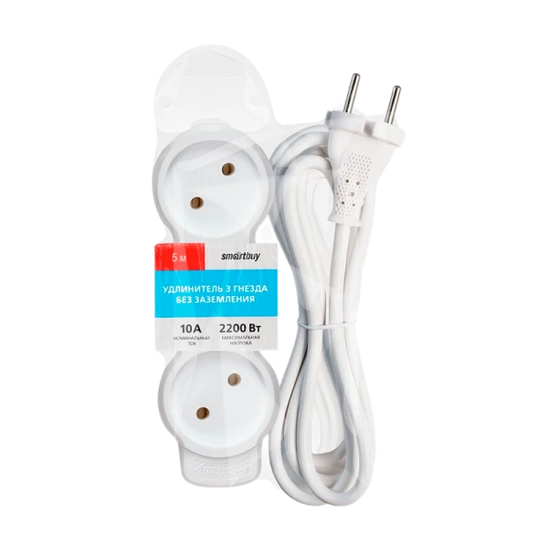 Удлинитель Smartbuy NEW 3р.Б/З 10A 5.0м ПВС 2x1мм² белый (1/40)