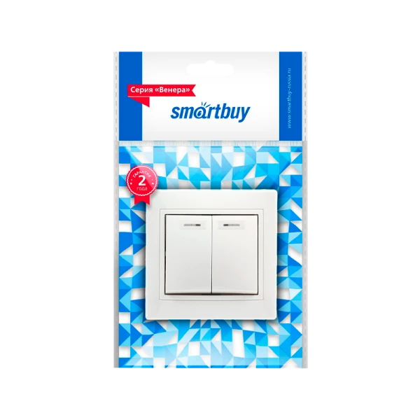 Выключатель Smartbuy 2-клавишный с индикатором 10А белый, керамика "Венера"