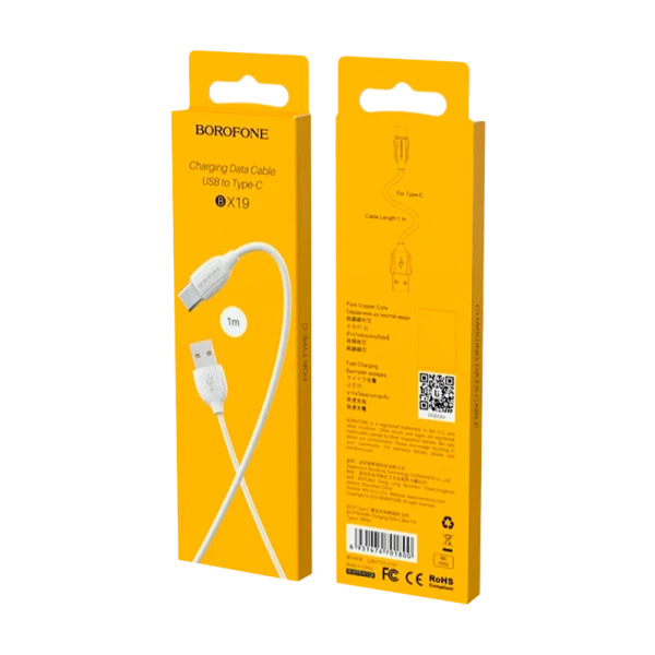 Кабель Borofone BX19 Type-C (m)-Type-C (m) 1.0м 3.0A 60W ПВХ белый (1/360)