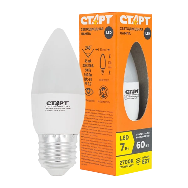 Лампа светодиодная Старт B35 E27 7W 2700К 220V свеча Eco матовая (1/10/100)