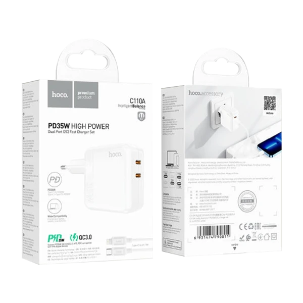 Сетевое З/У HOCO C110A 2Type-C 18W с кабелем Type-C-Type-C белый (1/20/120)