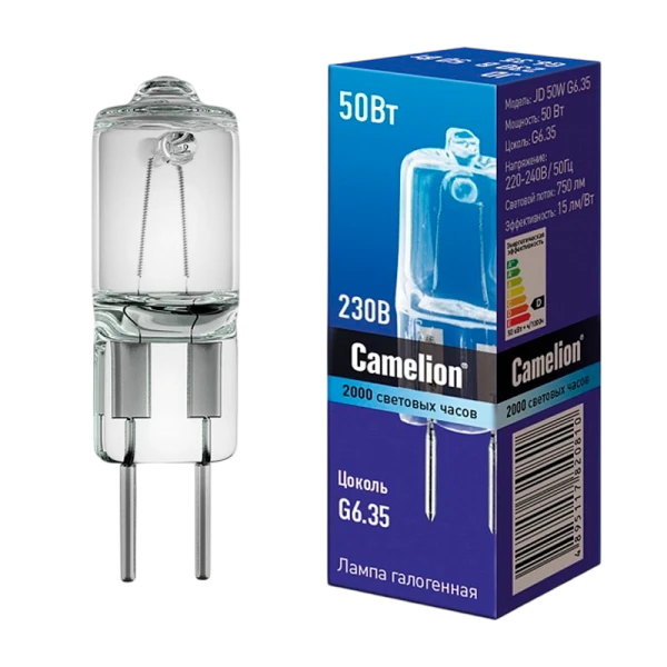 Лампа галогенная Camelion JD G6.35 50W 2800К 220-240V капсула прозрачная (1/5/100)