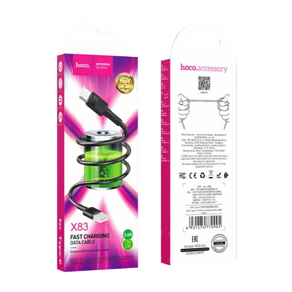 Кабель HOCO X83 USB (m)-Type-C (m) 1.0м 3.0A ПВХ черный (1/33/330)