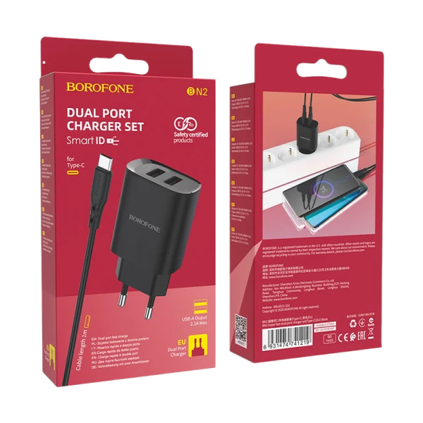 Сетевое З/У Borofone BN2 2USB 2.1A с кабелем Type-C черный (1/35/140)