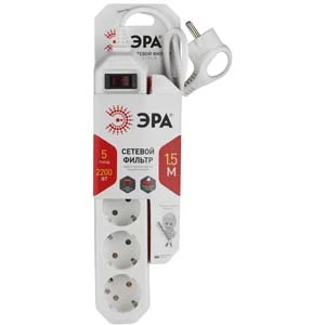 Сетевой фильтр ЭРА USF 5р.С/З 10A со шторкой 1.5м белый (1/20)