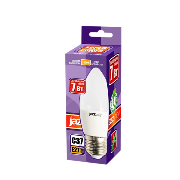 Лампа светодиодная JAZZway C37 E27 7W 3000К 230V свеча матовая (1/10/100)