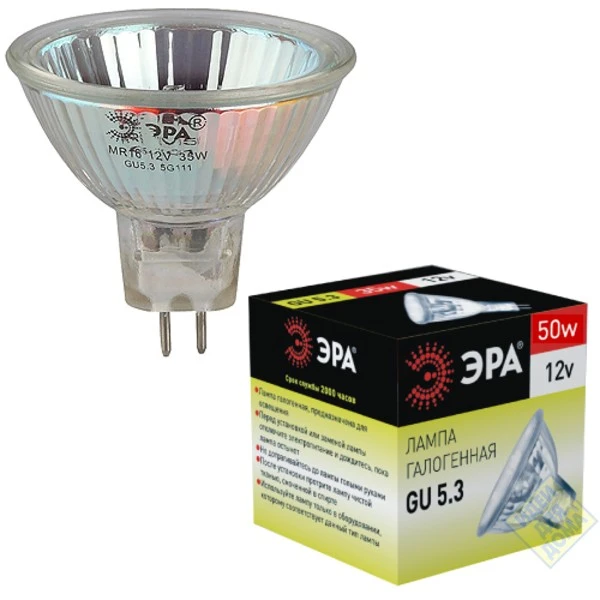 Лампа галогенная ЭРА MR16 GU5.3 50W 3000К 12V софит 50мм прозрачная (1/10/200)