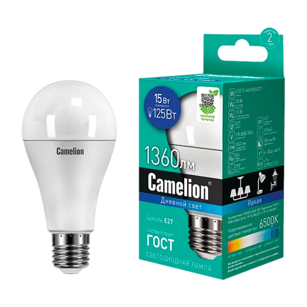Лампа светодиодная Camelion A60 E27 15W 6500К 170-265V груша матовая (1/10/100)