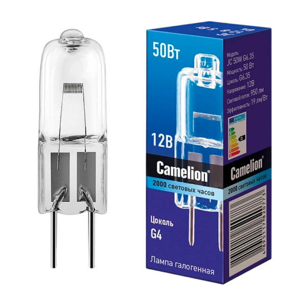 Лампа галогенная Camelion JC G6.35 50W 2800К 12V капсула прозрачная (1/5/100)
