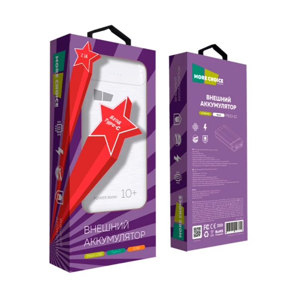 Внешний аккумулятор MORE CHOICE PB33-10 10000mAh 2.1A 2USB белый