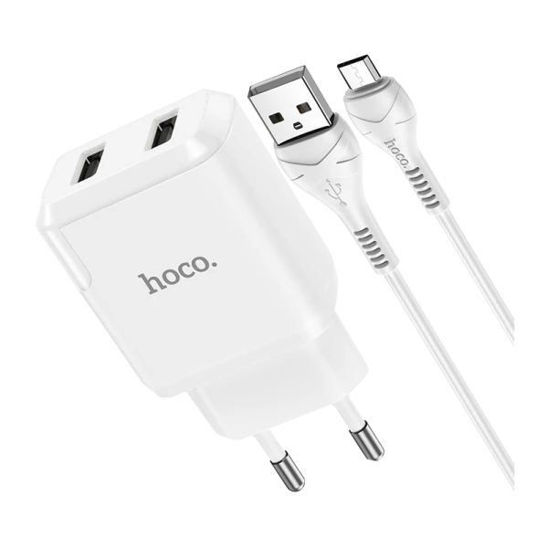 Сетевое З/У HOCO N7 2USB 2.1A с кабелем microUSB белый (1/20/120)