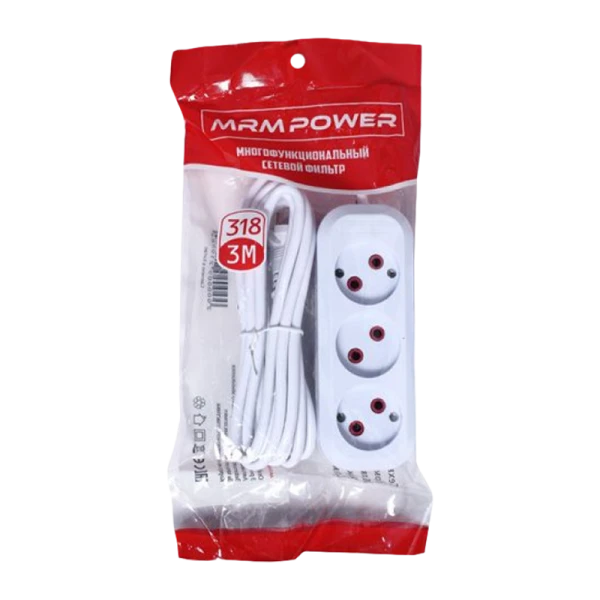 Удлинитель MRM-Power M-318 3р.Б/З 10A 3.0м белый (1/48)
