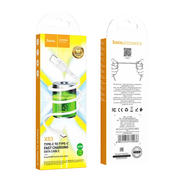 Кабель HOCO X83 Type-C (m)-Type-C (m) 1.0м 3.0A 60W ПВХ белый (1/33/330)