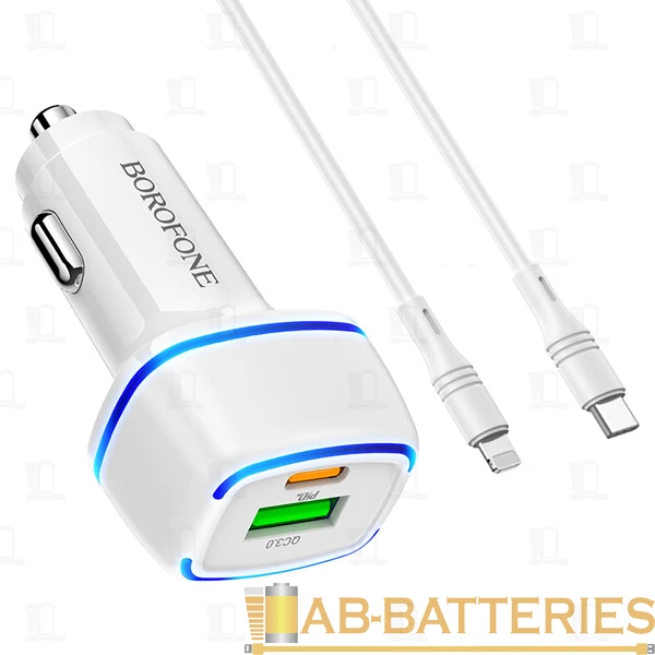 Автомобильное З/У Borofone BZ14A 1USB/Type-C 3.0A 20W QC3.0 с кабелем Type-C-Lightning белый (1/42/1