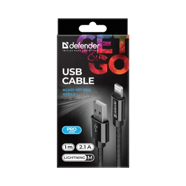Кабель Defender ACH01-03T PRO USB2.0 (m)-Lightning (m) 1.0м 2.1A черный