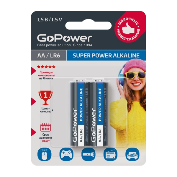 Батарейка GoPower LR6 AA BL2 Alkaline 1.5V (2/24/480)