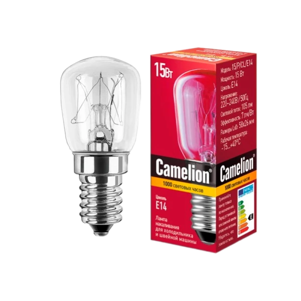 Лампа накаливания Camelion Е14 15W 220-240V цилиндр для холодильников и швейных машин прозрачная (1/