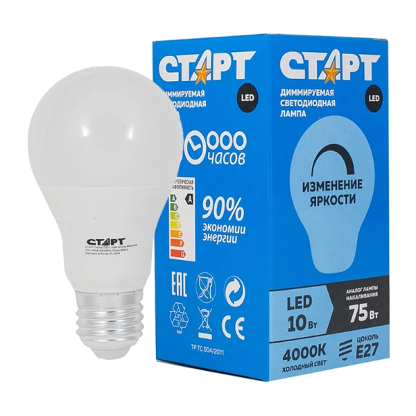 Лампа светодиодная Старт GLS E27 10W 4000К 220-240V груша димируемая прозрачная (1/10/50)