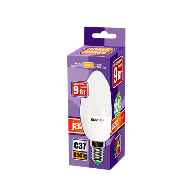 Лампа светодиодная JAZZway C37 E14 9W 3000К 230V свеча матовая (1/10/100)