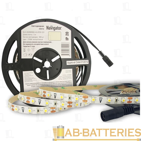 Светодиодная лента Navigator 71 402 NLS-3528WW60-4.8 IP20 12B R5 5 м
