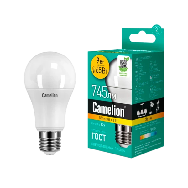 Лампа светодиодная Camelion A65 E27 9W 3000К 170-265V груша матовая (1/10/100)