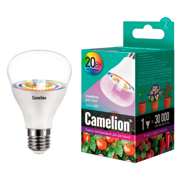 Лампа светодиодная Camelion 20W 220-240V груша ФИТО для аквариумов и растений прозрачная (1/20)