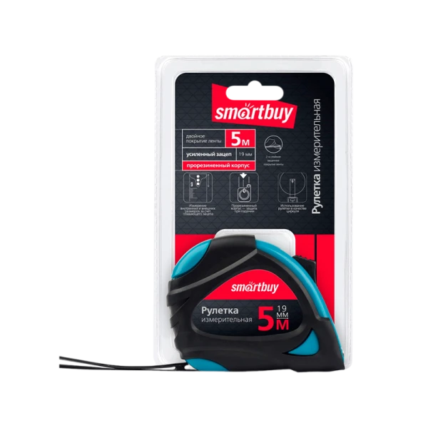 Рулетка измерительная Smartbuy ONE Tools 5м*19мм пластик 2 фиксатора прорезиненная голубой (1/72)