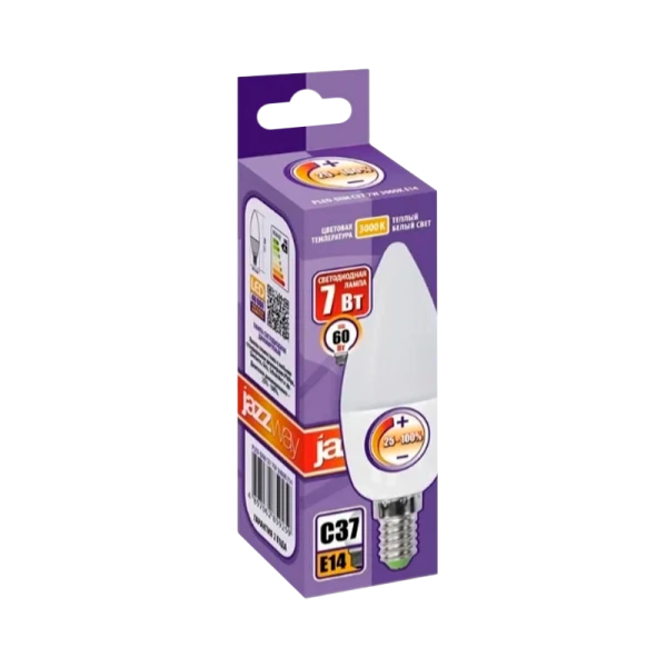 Лампа светодиодная JAZZway C37 E14 7W 3000К 230V свеча матовая (1/10/100)