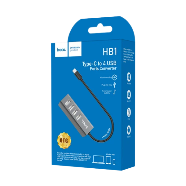 USB-Хаб HOCO HB1 4USB USB (m) серый (1/12/120)