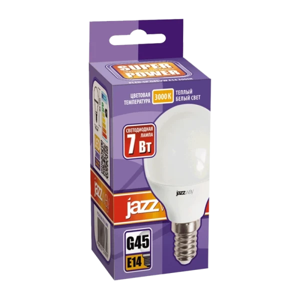 Лампа светодиодная JAZZway G45 E14 7W 3000К 230V шар матовая (1/10/100)
