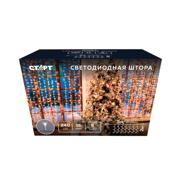 Гирлянда Старт НГ 240LED 3х2м занавес 8 режимов теплый белый (1/10/50)
